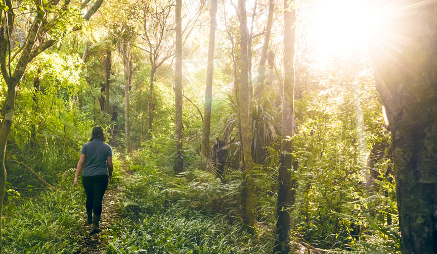 A woman walking through bush.